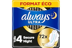 Always Ultra Serviettes Hygiéniques, Taille 4, Secure Night, 72 Serviettes Avec Ailettes, Flux Abondants Nuit, Format Eco, Max Confort, Super Absorbantes et Ultra Fines