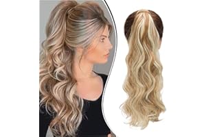Dcbaboo Extension Cheveux Naturel Queue de Cheval Extension a Clip Ondulé 50cm Postiche Cheveux Naturel Queue de Cheval Bouclé Wrap Around Ponytail Cheveux Longue Synthétique, Blond foncé & décoloré