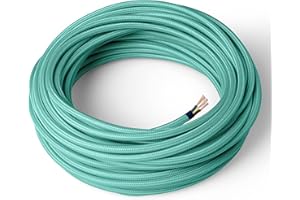 Amarcords - Cavo elettrico tessile colore ACQUA, tondo, seta, 3 metri, con messa a terra 3x0,75mm - Filo rivestito in tessuto colorato vintage per lampade lampadari applique e abat jour.
