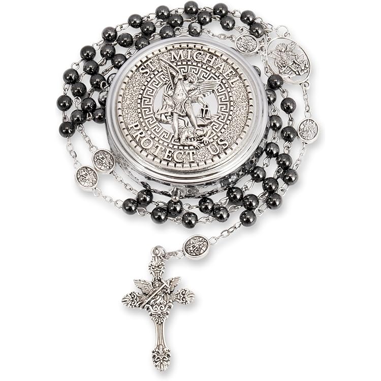 Collier Chapelet En Paracorde Avec Perles Noires 8mm Et Médaille St Michel - Catholique Robuste 55cm - Cadeau Foi