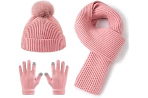 Lallier 3-teiliges Kinder-Set mit Mütze, Schal und Schneehandschuhen, Winter Strickmütze, warme, weiche Pom-Pom Mütze für Jungen, Mädchen und Kleinkinder