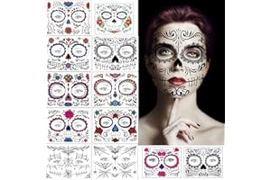 FLYFTREY 12 arkuszy tatuaży na twarz na Halloween, Dzień Zmarłych, czaszka, szkielet, pajęczyna, czerwone róże, tymczasowe naklejki dla mężczyzn i kobiet, Halloween, na imprezę tematyczną, maskarada