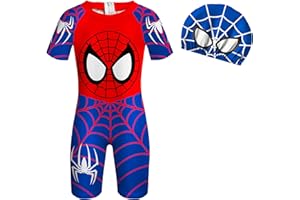 YOVOVA Boys Spider Swimming Costume One Piece with Cap Swimuit Kids Swimming Suit for 3-9 Years
