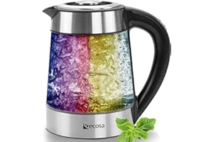 ECOSA Czajnik szklany 1,7 l, 2200 W, stal nierdzewna, 100% wolna od BPA, funkcja utrzymywania ciepła, oświetlenie LED, zmieniające kolor - regulacja temperatury (40°C do 100°C)