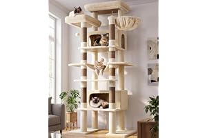 Globlazer klösträd beige stor XXL 213 cm högt med 2 stora katthus 50 x 30 cm, 2 vadderade plattformar, hängmatta, mjuk korg