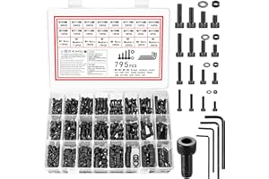 Vwoqiy 795 Pcs Vis et écrous, M3 M4 M5 M6 Visserie Boulons et écrous, Vis et Boulon et Rondelles Set, Vis à Tête Hexagonale, Assortiment Kit di Boulons Vis à Six Pans Creux pour Réparation, Noirs