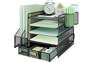 PLSOPPKG Organiseur de Bureau, 5 Niveaux Porte Documents Bac à Courrier, Compartiments de Rangement avec Tiroir 2 Porte Stylos, en Maille avec Porte Magazine de Bureau