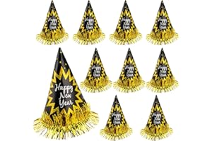 YCICHE 9 Stück Silvester Hüte, Schwarz und Gold - Kegelform - Mit Glitzer-Pailletten & Happy New Year Aufdruck, Ideal für Frohes Neues Jahr Party, Perfektes Silvester Deko