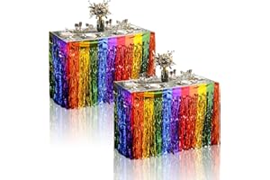 MIENOCOL 2pcs Rainbow Party Table Skirt Wavy Grass Table Skirt,Rainbow Metallic Tinsel Foil Fringe Table Skirts Rainbow Table Decorations for Birthday Baby Bridal Shower Unicorn Pride Party Table Decorations