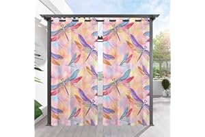 ANHOPE Outdoor Curtains Waterproof Eyelet Ring Top Curtains Watercolor Dragonfly & Butterfly Print Pattern Privacy Outside Curtains for Patio Garden Gazebo Pergola Porch Pool 2 Panels 52 x 84 Inch
