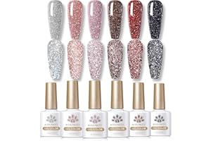 ‎BORN PRETTY BORN PRETTY UV Nagellack Glitzer, Shellac Gel Nagellack Glitzer Reflechissant Funkelnd Shellac Nagellack Rot Schwarz Nagellack Einweichen UV Nagellack Sparkly Shiny Gel UV Lack 6 Farben