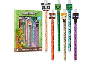 Minecraft Erasable Gel Pens Set, Coloured Pens with Erasers Pack of 6, School Supplies - Gifts for Boys