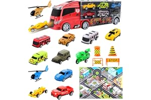 deAO Camion de Transporteur pour Enfant, 17 en 1 Portable Jouet dans Véhicule de Transport Voitures avec 10 Cars 2 Helicopters, Cadeau Anniversaire pour 2 3 4 Ans Garcon Filles Enfants