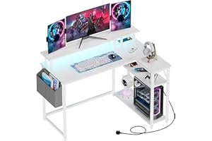 Yornoli Gaming Desk L Shaped Desk with Led Lights＆Power Outlet 118CM Corner Office Gaming Desk for Small Spaces with Storage Shelves for Home Office Bedroom (White)