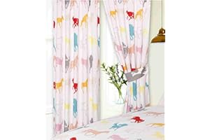 KIDZ KOLLECTIONZ 66" x 72" Horses White Curtains With Tie Backs, Pencil Pleat, Novelty Kids Pony Equestrian Show Silhouette, Grey Pink Orange Teal Green Blue Red