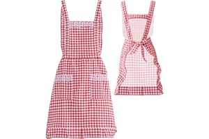YHSKJCD Classic Vintage Apron for Women, Red and White Gingham Apron with 2 Pockets, Cotton Kitchen Apron for Cooking Baking Gardening, Gifts for Mom Wife Girlfriend Grandma