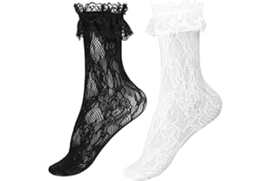 COMNICO Damskie koronkowe skarpety z falbankami – seksowna siateczka, urocza księżniczka dla kobiet i dziewcząt, na wesele, Goth Halloween (czarne + białe), czarny i biały, Rozmiar uniwersalny