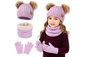 AYPOW Barn 3-i-1 vintermössa halsduk pekskärm handskar set för 3-10 år, varm fleecefodrad stickad pompom mössa hatt halsvärmare vantar, vintertillbehör set för pojkar flickor utomhusaktiviteter