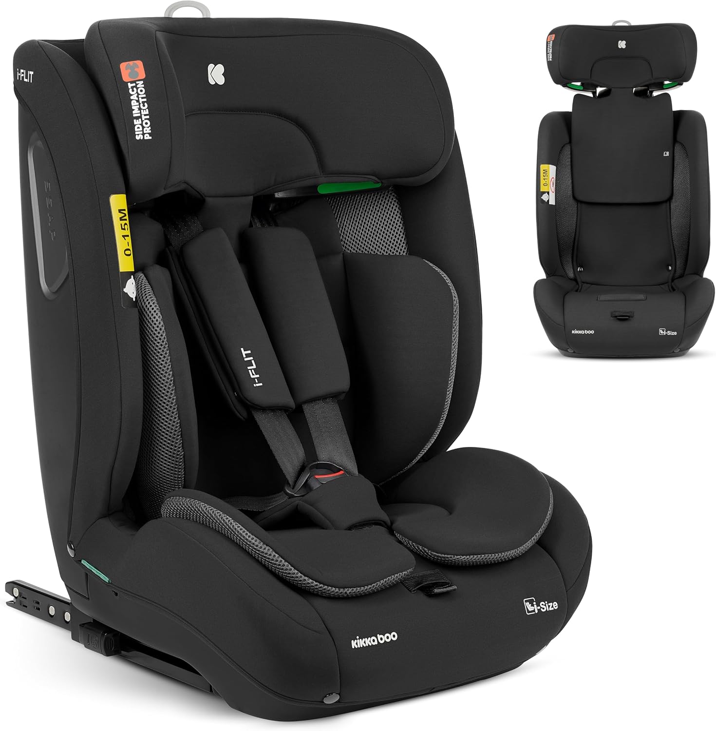 KikkaBoo Silla de Coche Bebe ISOFIX Grupo 1 2 3 (9-36 kg) i-FLIT, de 15 Meses a 12 Años, Seguridad SPS, Reposacabezas Ajustable, Top Tether, 12 Posiciones Reposacabezas, Negro