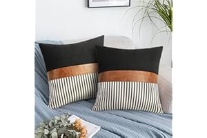 Merrycolor Juego de 2 Negro Funda Cojin 45 x 45 cm, Empalme con Rayas Cubierta Cojín Decoración Cremallera Oculta Funda Almohada para Hogar Cama Bancos Sala Sofá Sillas Jardín Exterior