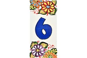 ART ESCUDELLERS Números casa. Numeros y Letras en azulejo de Ceramica Hechos y Pintados a Mano, para Placas con Nombres, direcciones y señaléctica. Diseño Jardin 14,5 cm x 7 cm. (Numero Seis 6")