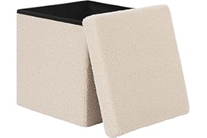eSituro Puff Taburete para Almacenaje, Baúl Almacenamiento 38 L, Taburete Plegable Otomano Asiento, Reposapiés para Salón Cama y Sofa, de Forro Polar Beige