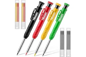 Hiboom Matite Carpentiere Solide Affilatrice Incorporata, Set di 4 Matite Meccaniche Colorate con 24 Ricariche, Strumenti per Fori Profondi per Lavorazione del Legno Nero Giallo Rosso Verde