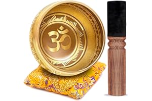 Himalayan Bazaar - Set di campane tibetane, facile da suonare, design Om per meditazione, suono, chakra, yoga, guarigione, 10 cm, colore: oro e giallo