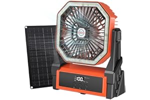 ASTARAMA Solar Camping Ventilator mit 10W Solarpanel & Licht, Ventilator Akku 10000mAh,4-Gang USB Tischventilator mit LED-Anzeige,4 Timer, Aufhängehaken, 180° Verstellbar, Tragbar Lüfter für Freien (Orange)