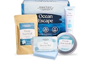 NURTURE BY NATURE BOTANICALS Nurture by Nature Ocean Escape Spa Box – Glycerin Infused Bath Set, Pamper Gifts for Women with Body Scrub, Epsom Bath Salts, 6% Shea Hand Cream & Soap – Cruelty-Free Gift Sets for Women