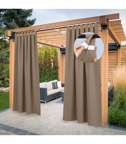 PONY DANCE Verduisterende Buitengordijnen, Waterdicht, Lichtwerend, met Klittenband, Verstelbare Gordijnen voor Balkons, Terrassen, Tuinen, Patio,132B x 243H cm (2 Panelen),Grijswit