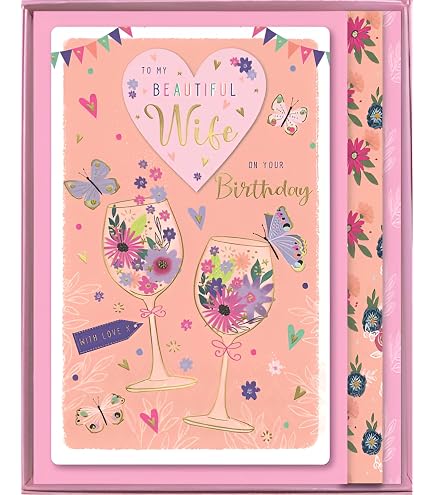 Biglietto di auguri per 80° compleanno per moglie speciale, 80 anni, design artistico femminile, fiori e torta, finiture speciali e foglia illustrata, realizzato nel Regno Unito