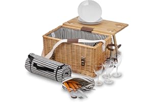 ‎CAMPFEUER CampFeuer Picknickkorb 4 Personen mit Geschirr-Set und Serviertisch | 25-teilig | Picknickkoffer mit gestreiftem Innenmuster | Weidenkorb mit Kunstlederriemen | Picknicktasche, Picknick Set