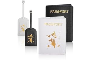 MINISOISO Porte-Passeport , 2 Pcs Couvertures de Passeport et 2 Pcs Étiquette Valise, PU Cuir Imperméable Etiquette Bagage pour Les Couples Fête de Mariage Honeymoon Voyage (Noir + Blanc)