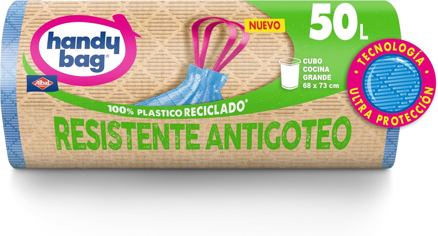Handy Bag Bolsas de Basura Resistente Antigoteo, 100% Reciclado, Autocierre, 50L, 8 Bolsas, 1 Paquete