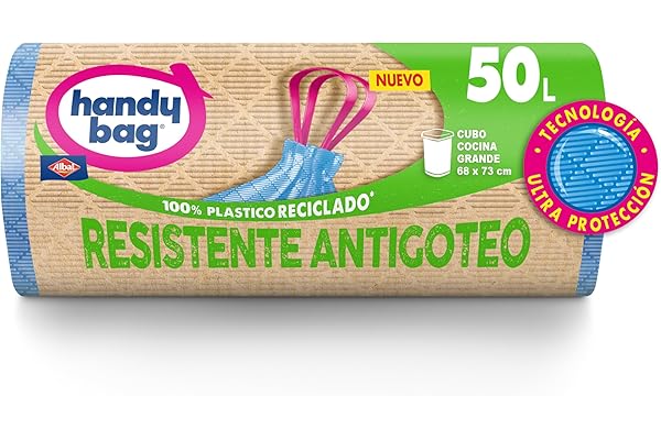 Handy Bag Bolsas de Basura Resistente Antigoteo, 100% Reciclado, Autocierre, 50L, 8 Bolsas, 1 Paquete