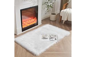 HEQUN Alfombra de Piel de Oveja sintética, Artificial Alfombra,Funda de Silla de Forro Polar Suave y mullida para recámara, sofá, Suelo (90×60 CM, Blanco)