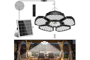 NATPOW Lampe Solaire Interieur avec Détecteur de Mouvement, 6000K Lampe Solaire avec Télécommande, 5M Câble, Suspension Exterieur Pliable, IP65 Étanche pour Terrasse, Garage, Jardin