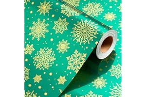 Wikadlik Green Christmas Wrapping Paper Roll - Gift Wrap Paper 43cm x 10m Foil Gold Metallic Shine Snowflake Design