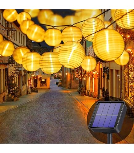 Lunartec Lampignon: Solar-LED-Lichterkette, warmweiß, mit 50 weißen Lampions, 10 m, IP44 (Solar Lichterkette Camping, Lichterketten Outdoor, Ball) Beleuchtung