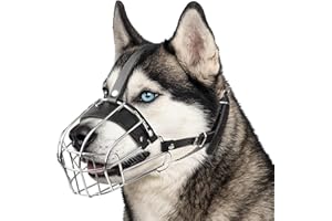 CleverTail Metal Husky Muzzle for Large Sized Dog – Basket Muzzle for Dogs with Adjustable Leather Straps – Steel Cage Dog Muzzle to Prevent Biting and Eating – Mouth Guard for Large and Medium Dogs