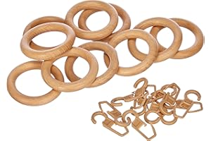 GARDINIA Anillas de cortina para barras de Ø 28 mm, Con ganchos de cortina, 10 piezas, Anchura de la anilla 9 mm, Madera, Natural