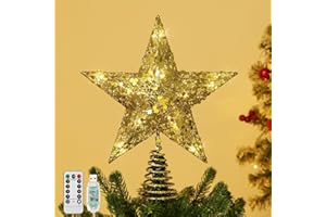Lewondr Árbol de Navidad Topper, Lentejuelas Estrella del Árbol Topper con Temporizador 6H y 8 Modos de Luz, Estrella de Arbórea con Telecontrol, Decoración para el Hogar de Vacaciones, Oro