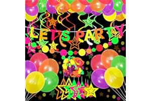 DASIAUTOEM Glow Neon Partyzubehör, Glühen Party Schwarzlicht Deko, 50 Fluoreszierend Luftballons Schwarzlicht Stern Glow Party Banner 10 Stern Hängen Wirbel für Schwarzlichtparty Geburtstag