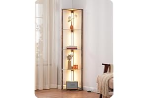 EDISHINE Lampadaire sur Pied Salon avec Étagères en Verre, Dimmable en Continu, 3 Températures de Couleur, Interrupteur à Pied, Bibliothèque d'Angle en Bois avec Lumière LED Pour Salon, Chambre, Noir