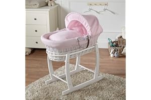 For Your Little One FYLO Pink Waffle White Wicker Moses Basket with White Rocking Stand