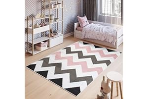 ‎TAPISO TAPISO Pinky Teppich Kurzflor Kinderteppich Kinderzimmer Rosa Weiß Schwarz Modern Geometrisch Zig Zag Streifen Spielteppich ÖKOTEX 120 x 170 cm