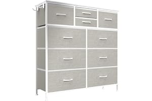MYHMCT Chest of Drawers, 10-Drawer Fabric Dresser with Wood Top & Metal Frame, Sturdy Storage Organizer for Bedroom, Kids Room, Living Room, Closet - Easy Assembly (Light Grey and Whit)