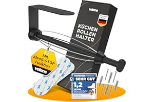 VETENE Premium Küchenrollenhalter ohne Bohren (Zum Einhändig Abreißen) – Edelstahl Schwarz mit Abroll-Stop – Zewa Rollenhalter – Küchenpapierhalter