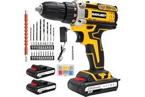 RAYLEEY Power Drill Set,Cordless 20v Drill/Driver with 2&2.0AH Batterise,18+1 Torque, 2 Speed, Keyless 3/8" Chase Drill with LED Light,22pcs Bits Kit